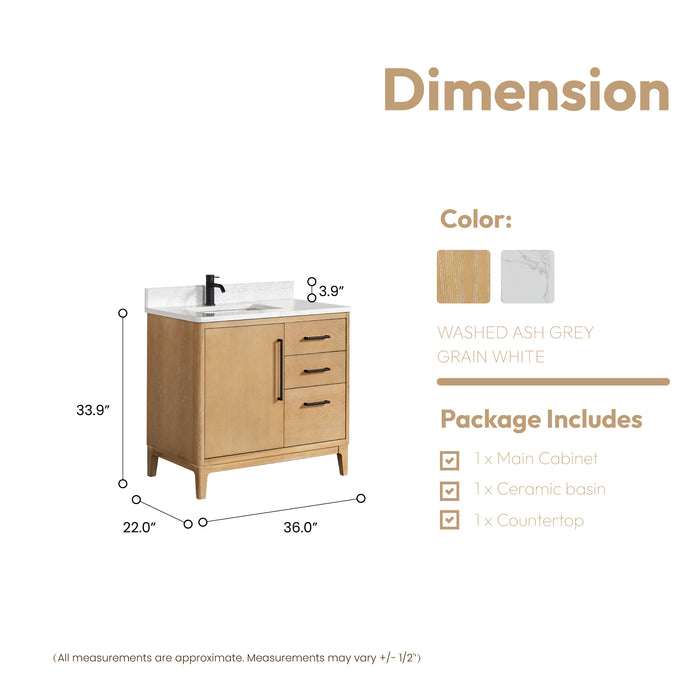 36-Inch Muse Single Vanity Free-Standing Washed Ash Grey Wood with White Grain Stone Top & Undermount Sink
