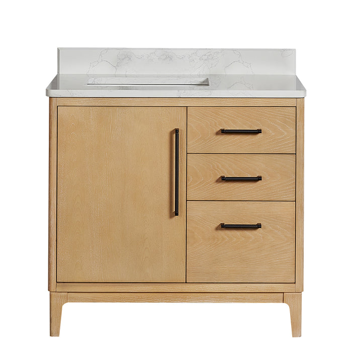 36-Inch Muse Single Vanity Free-Standing Washed Ash Grey Wood with White Grain Stone Top & Undermount Sink