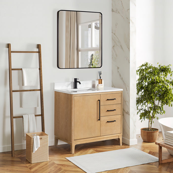 36-Inch Muse Single Vanity Free-Standing Washed Ash Grey Wood with White Grain Stone Top & Undermount Sink
