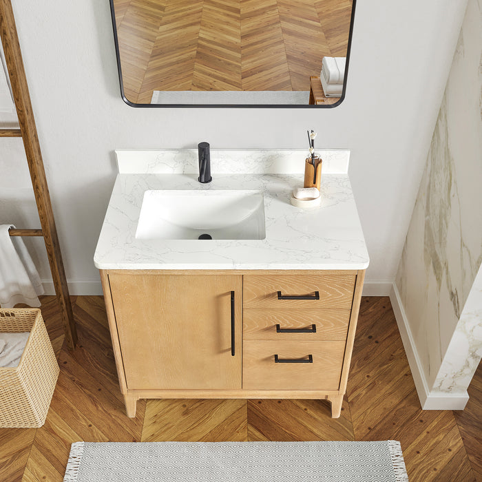 36-Inch Muse Single Vanity Free-Standing Washed Ash Grey Wood with White Grain Stone Top & Undermount Sink