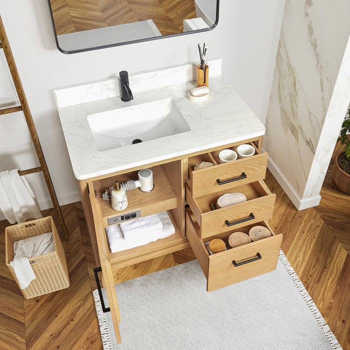 36-Inch Muse Single Vanity Free-Standing Washed Ash Grey Wood with White Grain Stone Top & Undermount Sink