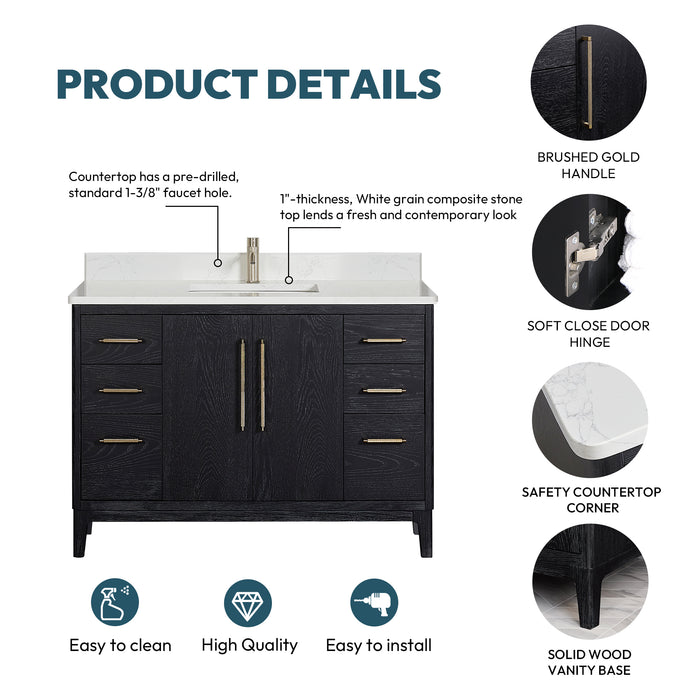 48 Inch Black Fir Wood Napa Single Vanity Freestanding with Composite Stone Top