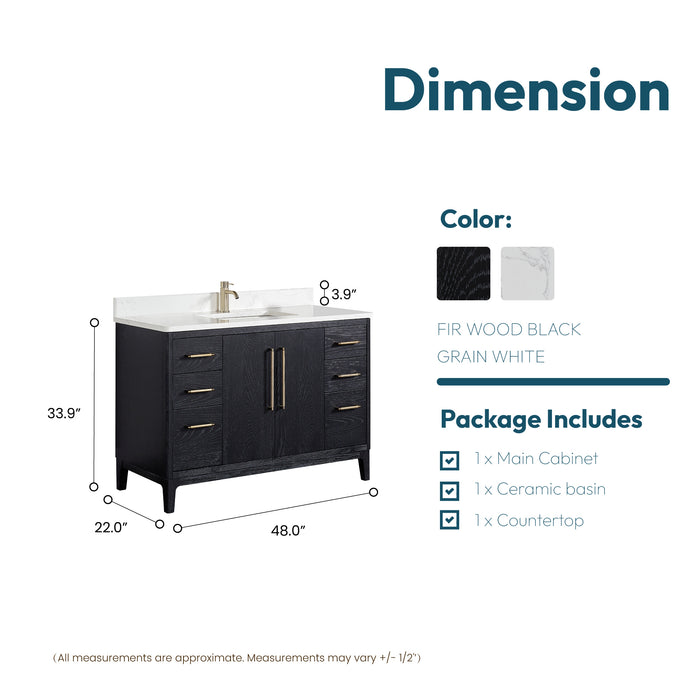 48 Inch Black Fir Wood Napa Single Vanity Freestanding with Composite Stone Top