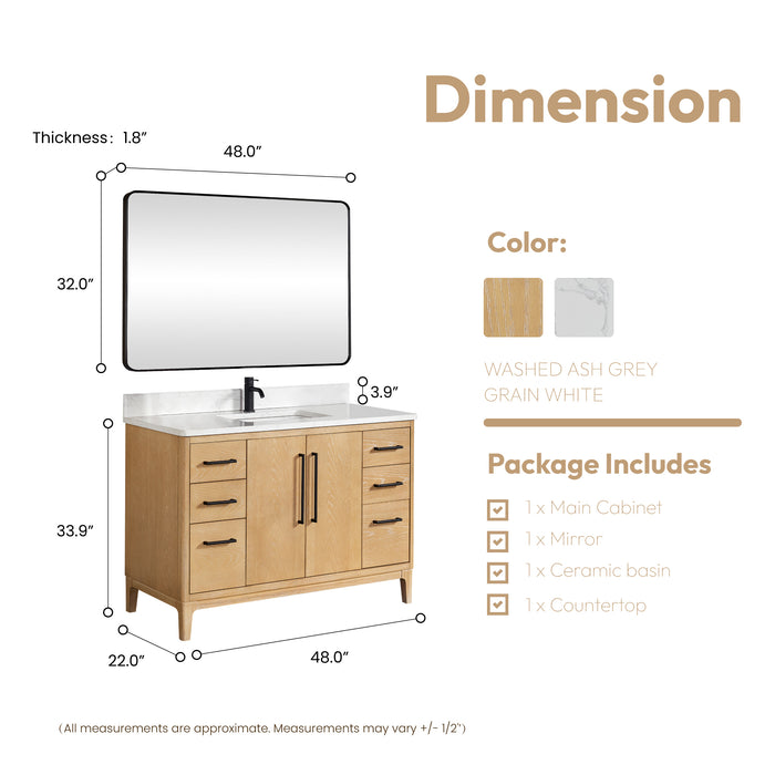 48-Inch Nova Bathroom Vanity – Ash Grey Finish with White Composite Top & Matching Mirror
