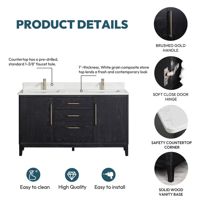 60-Inch Nebula Bathroom Vanity – Black Double Sink Fir Wood Base with White Composite Top