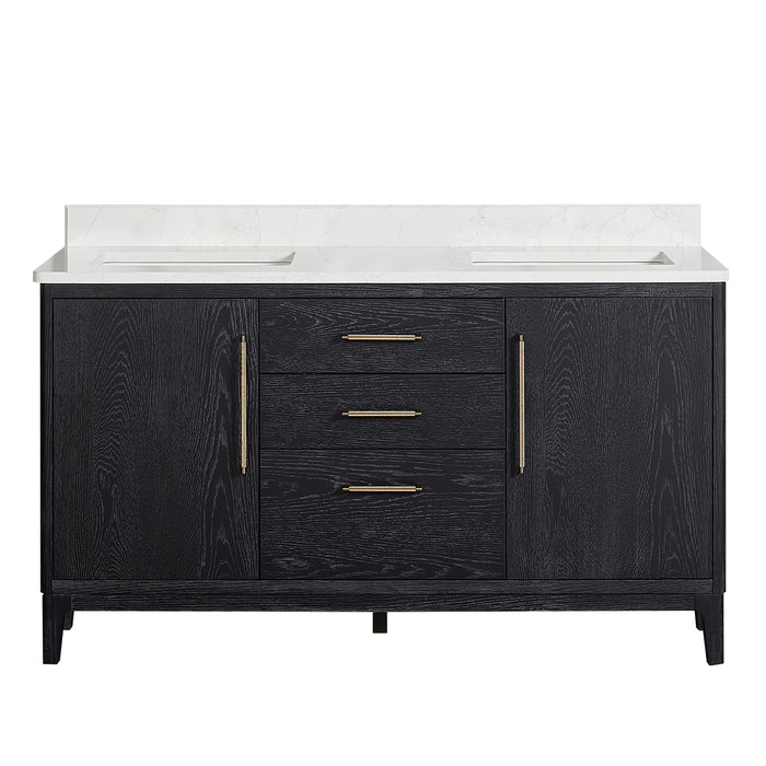 60-Inch Nebula Bathroom Vanity – Black Double Sink Fir Wood Base with White Composite Top