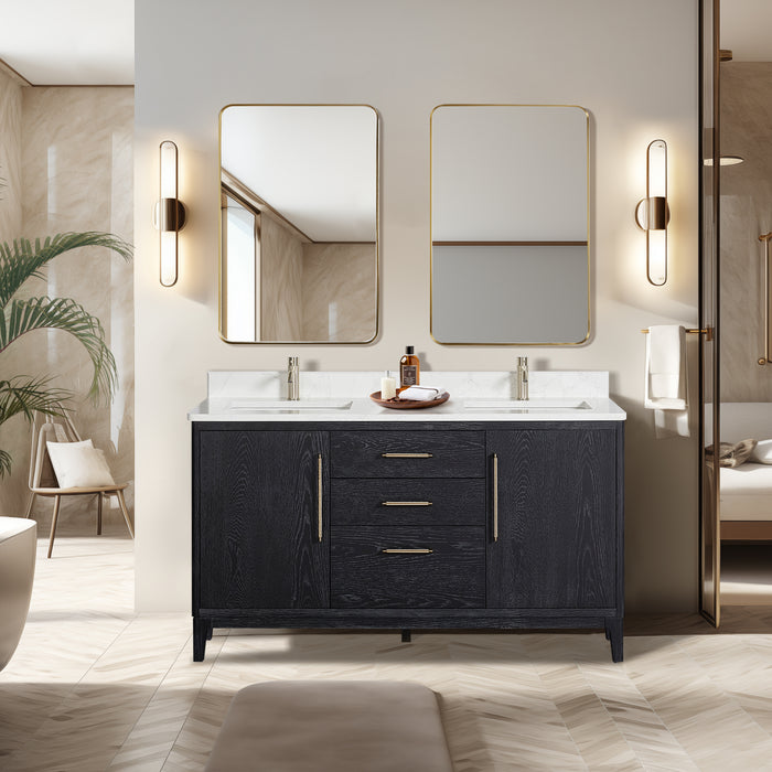 60-Inch Nebula Bathroom Vanity – Black Double Sink Fir Wood Base with White Composite Top
