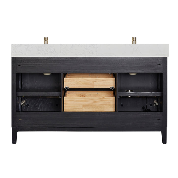 60 Inch Nectar Bathroom Vanity Set – Black Fir Wood Double Sink with White Grain Stone Top and Mirror