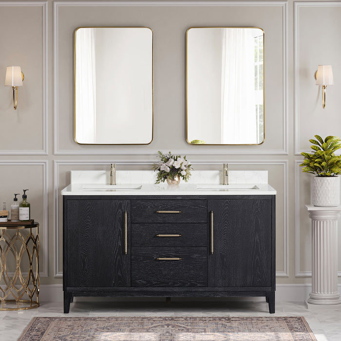 60 Inch Nectar Bathroom Vanity Set – Black Fir Wood Double Sink with White Grain Stone Top and Mirror