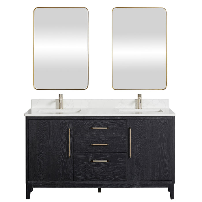 60 Inch Nectar Bathroom Vanity Set – Black Fir Wood Double Sink with White Grain Stone Top and Mirror
