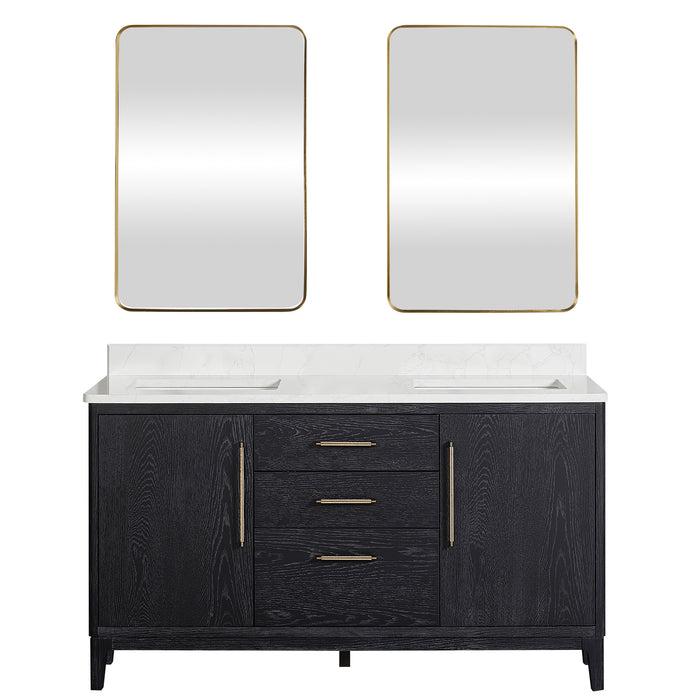 60 Inch Nectar Bathroom Vanity Set – Black Fir Wood Double Sink with White Grain Stone Top and Mirror