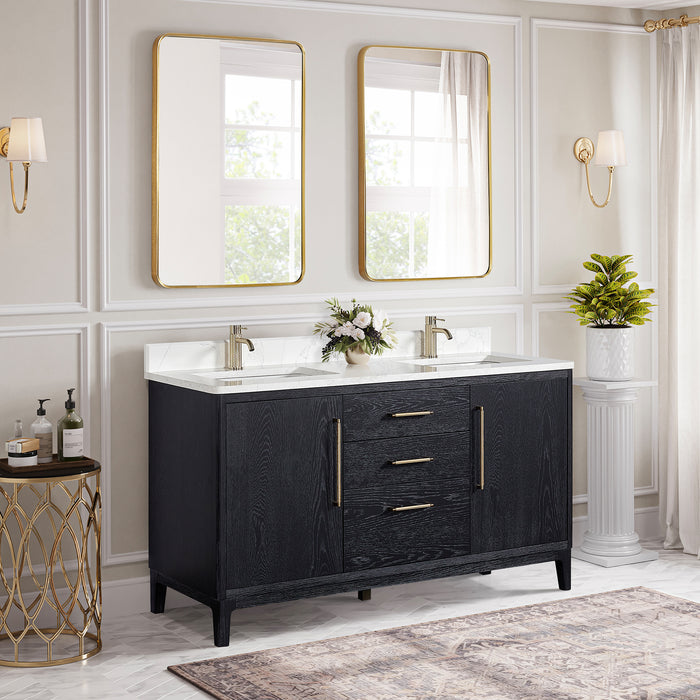 60 Inch Nectar Bathroom Vanity Set – Black Fir Wood Double Sink with White Grain Stone Top and Mirror