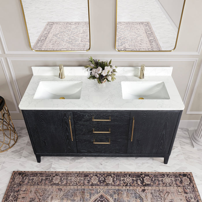 60 Inch Nectar Bathroom Vanity Set – Black Fir Wood Double Sink with White Grain Stone Top and Mirror