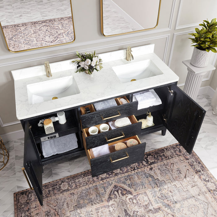 60 Inch Nectar Bathroom Vanity Set – Black Fir Wood Double Sink with White Grain Stone Top and Mirror