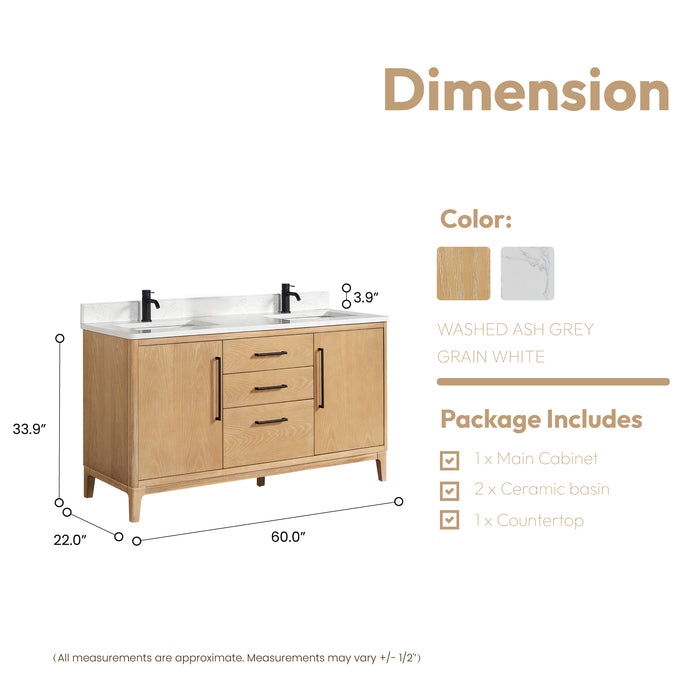 60-Inch Nimbus Freestanding Double Sink Vanity – Ash Grey Finish with White Composite Top & Soft-Close Drawers