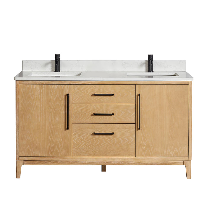 60-Inch Nimbus Freestanding Double Sink Vanity – Ash Grey Finish with White Composite Top & Soft-Close Drawers