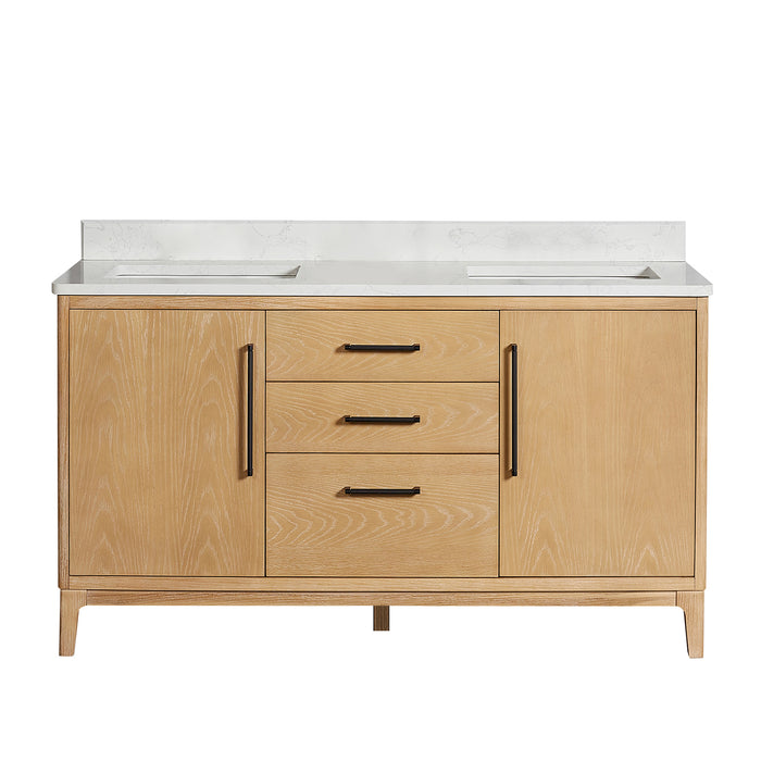 60-Inch Nimbus Freestanding Double Sink Vanity – Ash Grey Finish with White Composite Top & Soft-Close Drawers