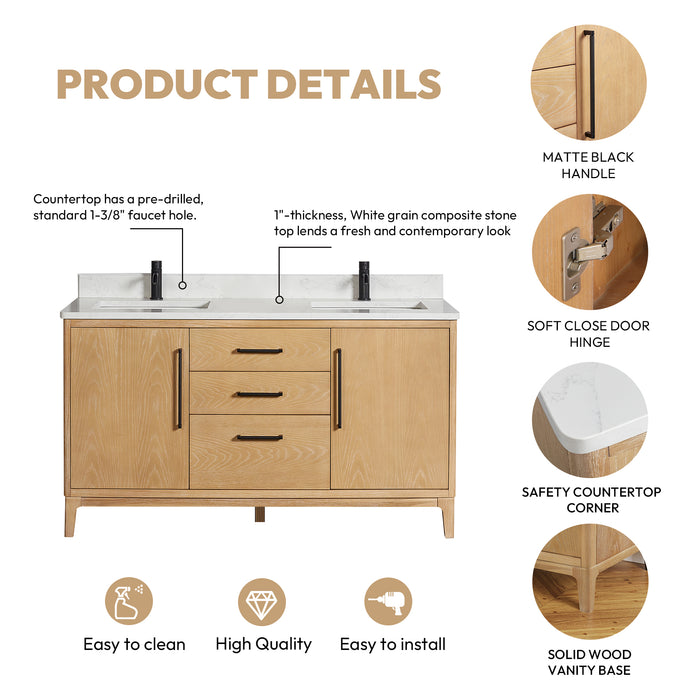 60-Inch Nivara Freestanding Vanity – Ash Grey Double Bathroom Cabinet with White Grain Top & Mirror