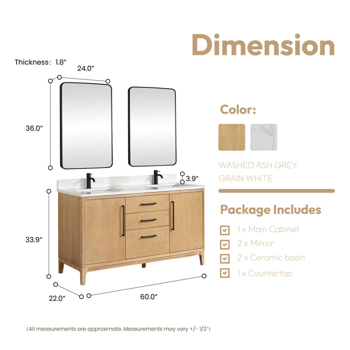 60-Inch Nivara Freestanding Vanity – Ash Grey Double Bathroom Cabinet with White Grain Top & Mirror