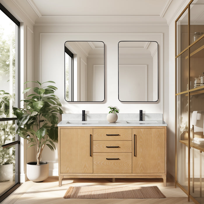 60-Inch Nivara Freestanding Vanity – Ash Grey Double Bathroom Cabinet with White Grain Top & Mirror