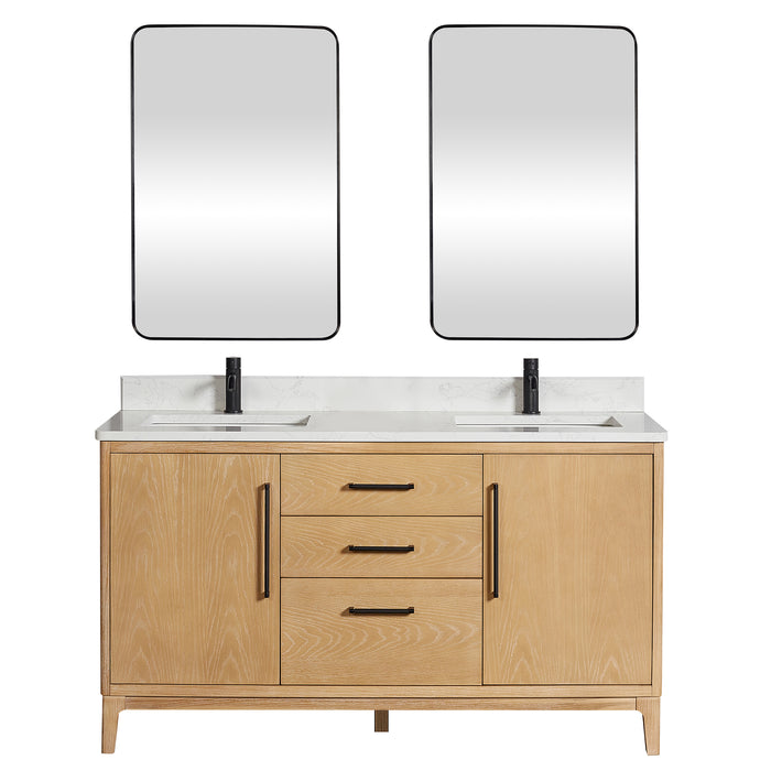 60-Inch Nivara Freestanding Vanity – Ash Grey Double Bathroom Cabinet with White Grain Top & Mirror