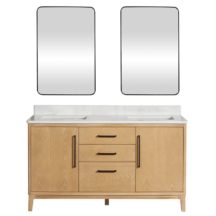 60-Inch Nivara Freestanding Vanity – Ash Grey Double Bathroom Cabinet with White Grain Top & Mirror