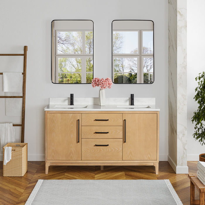 60-Inch Nivara Freestanding Vanity – Ash Grey Double Bathroom Cabinet with White Grain Top & Mirror