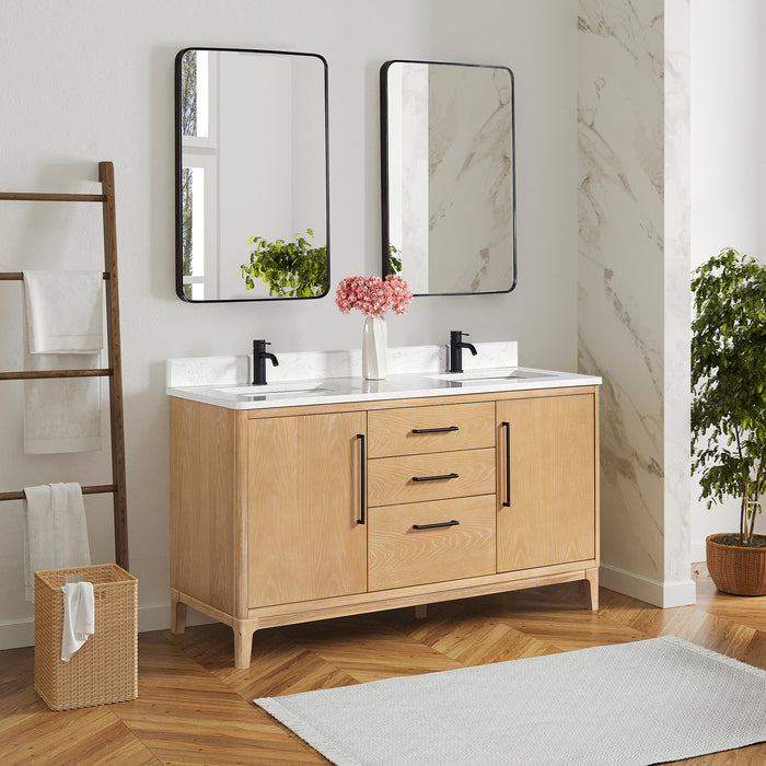 60-Inch Nivara Freestanding Vanity – Ash Grey Double Bathroom Cabinet with White Grain Top & Mirror