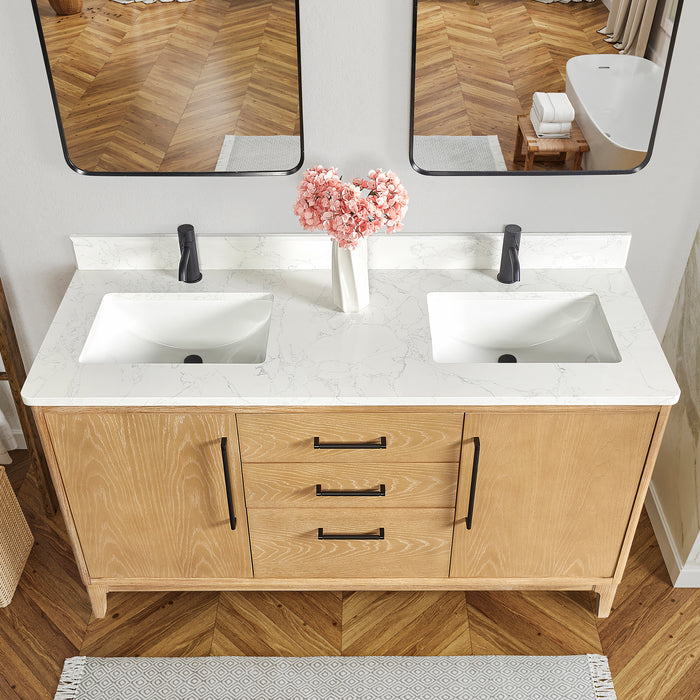 60-Inch Nivara Freestanding Vanity – Ash Grey Double Bathroom Cabinet with White Grain Top & Mirror