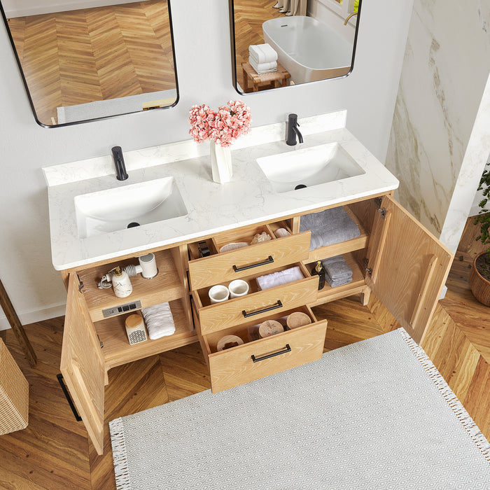 60-Inch Nivara Freestanding Vanity – Ash Grey Double Bathroom Cabinet with White Grain Top & Mirror