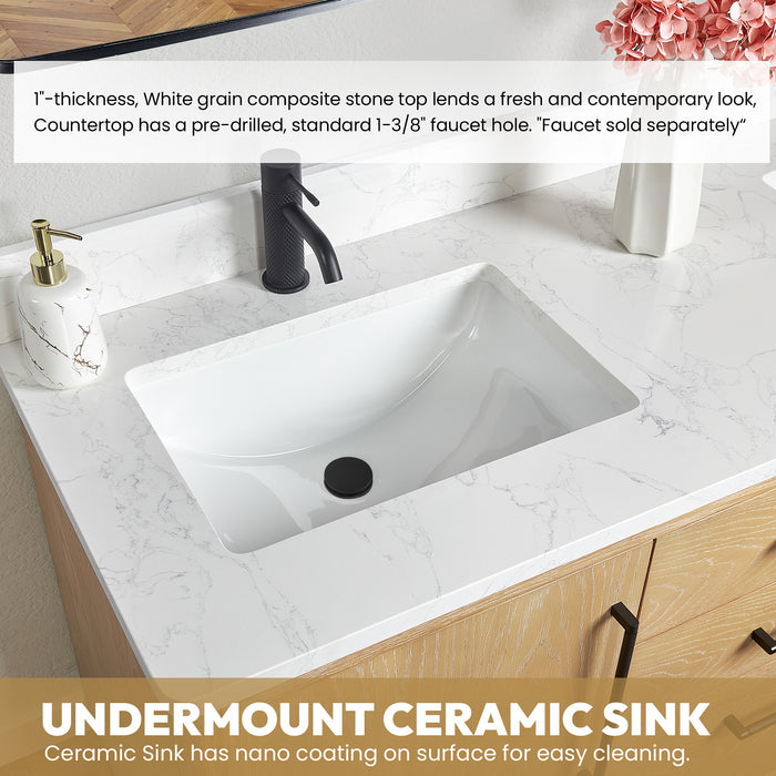 60-Inch Nivara Freestanding Vanity – Ash Grey Double Bathroom Cabinet with White Grain Top & Mirror