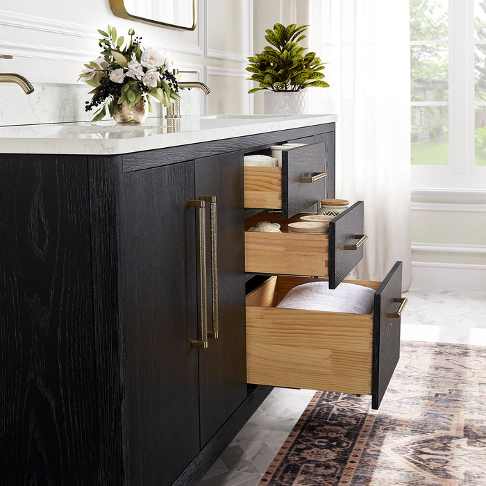 72-Inch Noma Black Fir Wood Double Sink Vanity – Freestanding Bath Cabinet with White Stone Top