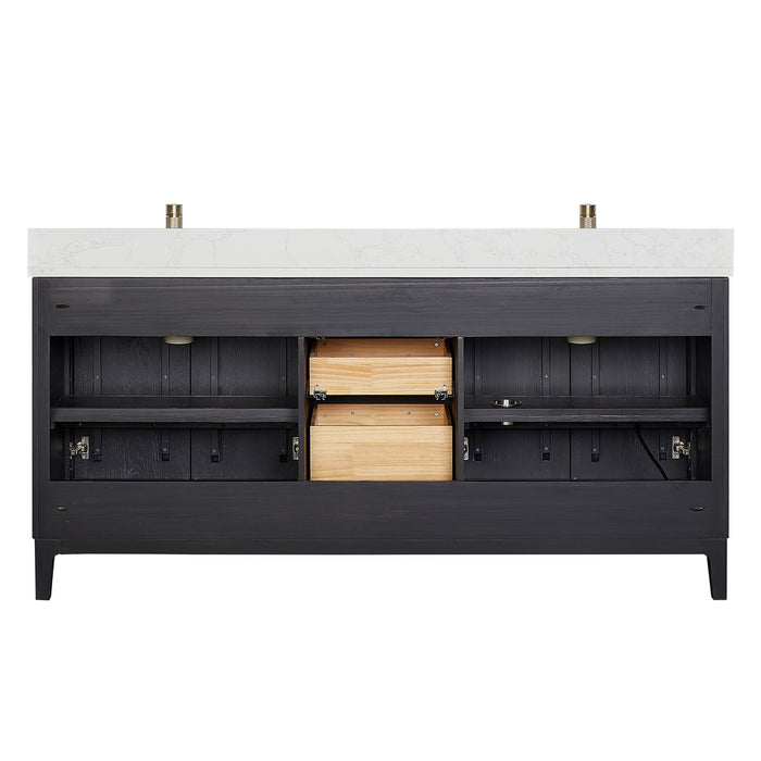72-Inch Noma Black Fir Wood Double Sink Vanity – Freestanding Bath Cabinet with White Stone Top