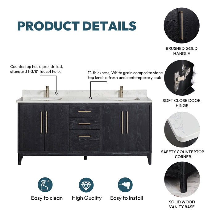 72-Inch Noma Black Fir Wood Double Sink Vanity – Freestanding Bath Cabinet with White Stone Top