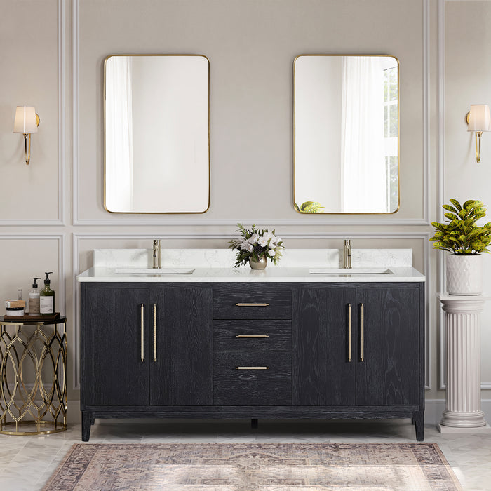 72-Inch Noma Black Fir Wood Double Sink Vanity – Freestanding Bath Cabinet with White Stone Top