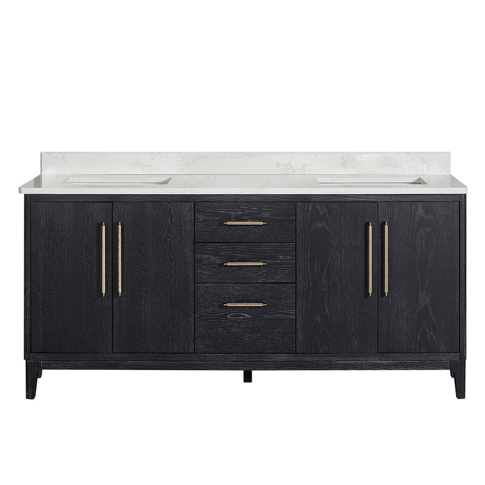 72-Inch Noma Black Fir Wood Double Sink Vanity – Freestanding Bath Cabinet with White Stone Top
