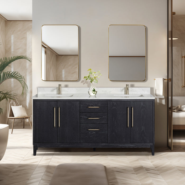 72-Inch Noma Black Fir Wood Double Sink Vanity – Freestanding Bath Cabinet with White Stone Top
