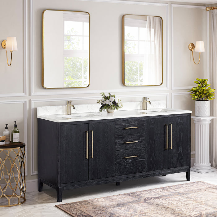 72-Inch Noma Black Fir Wood Double Sink Vanity – Freestanding Bath Cabinet with White Stone Top