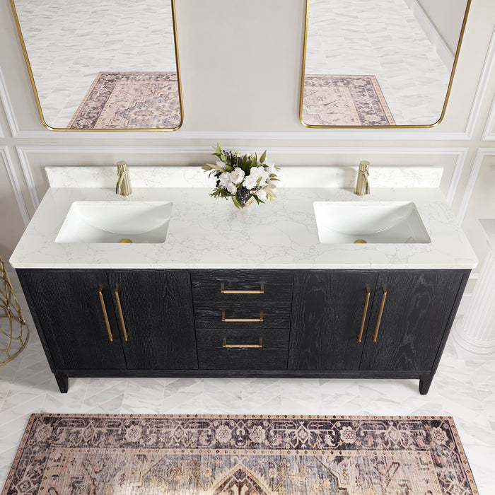 72-Inch Noma Black Fir Wood Double Sink Vanity – Freestanding Bath Cabinet with White Stone Top