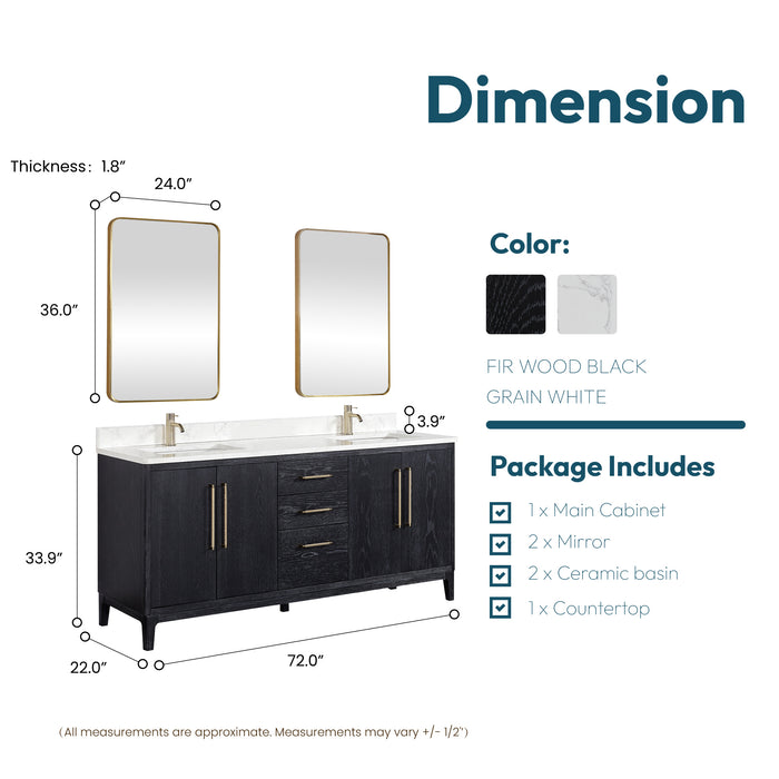 72 Inch Oasis Vanity Set – Black Fir Wood Double Sink with White Composite Top and Matching Mirror