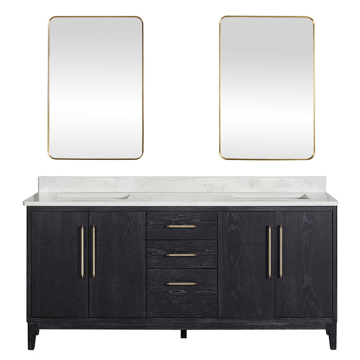 72 Inch Oasis Vanity Set – Black Fir Wood Double Sink with White Composite Top and Matching Mirror
