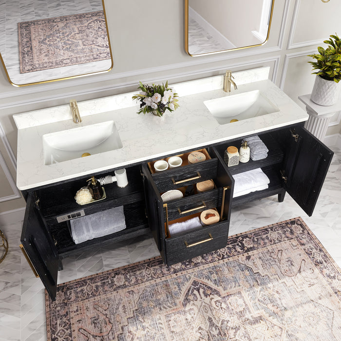 72 Inch Oasis Vanity Set – Black Fir Wood Double Sink with White Composite Top and Matching Mirror