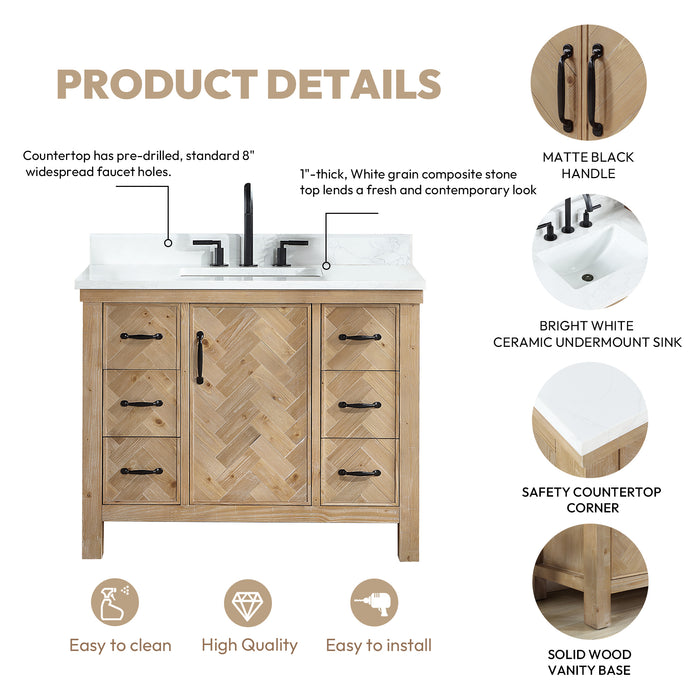 42-Inch Prelude Freestanding Vanity – Antique Brown Wood Single Sink Cabinet with White Stone Top