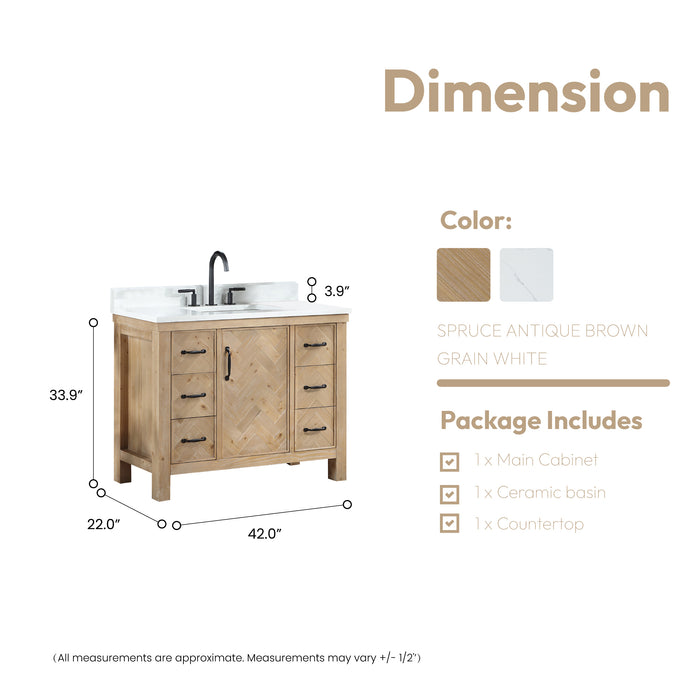 42-Inch Prelude Freestanding Vanity – Antique Brown Wood Single Sink Cabinet with White Stone Top