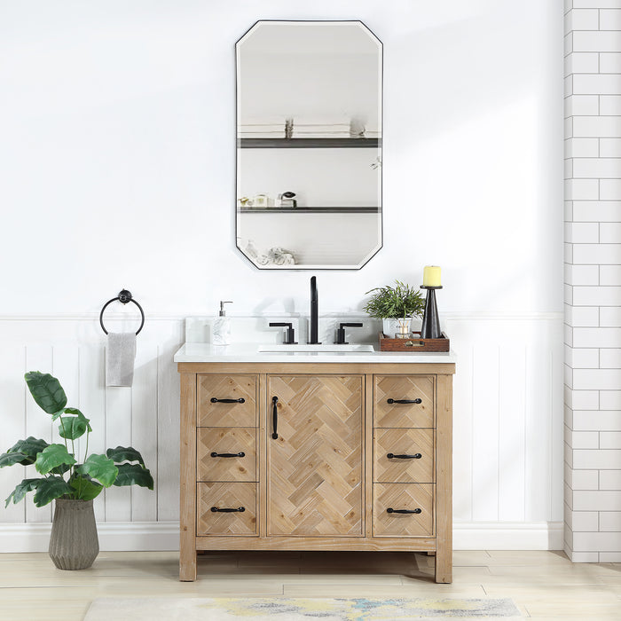 42-Inch Prelude Freestanding Vanity – Antique Brown Wood Single Sink Cabinet with White Stone Top