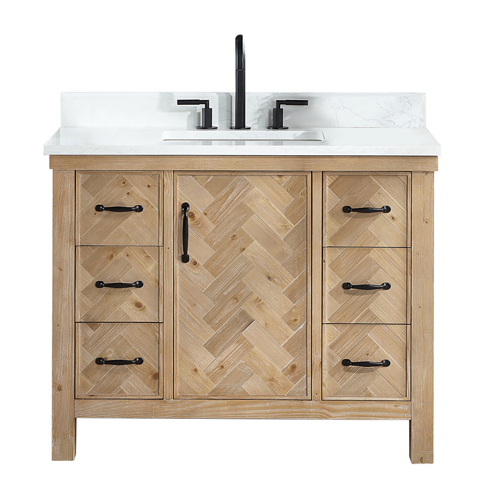 42-Inch Prelude Freestanding Vanity – Antique Brown Wood Single Sink Cabinet with White Stone Top