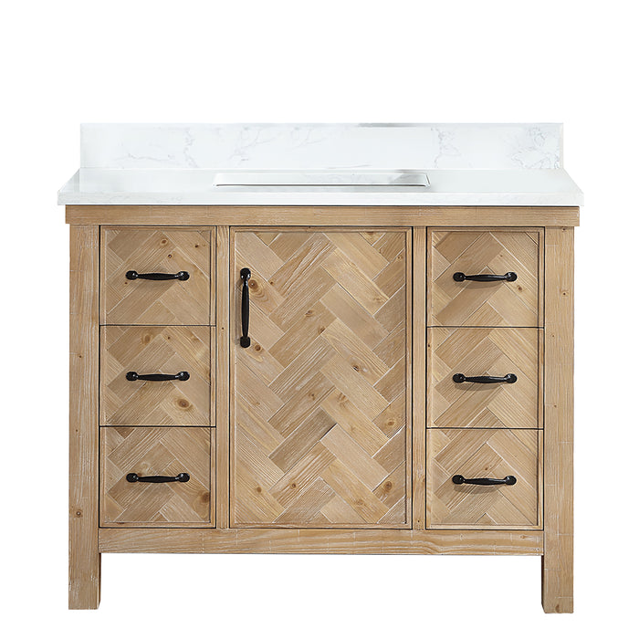 42-Inch Prelude Freestanding Vanity – Antique Brown Wood Single Sink Cabinet with White Stone Top