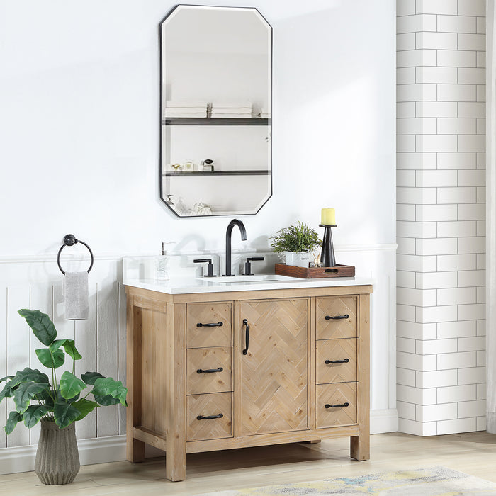 42-Inch Prelude Freestanding Vanity – Antique Brown Wood Single Sink Cabinet with White Stone Top