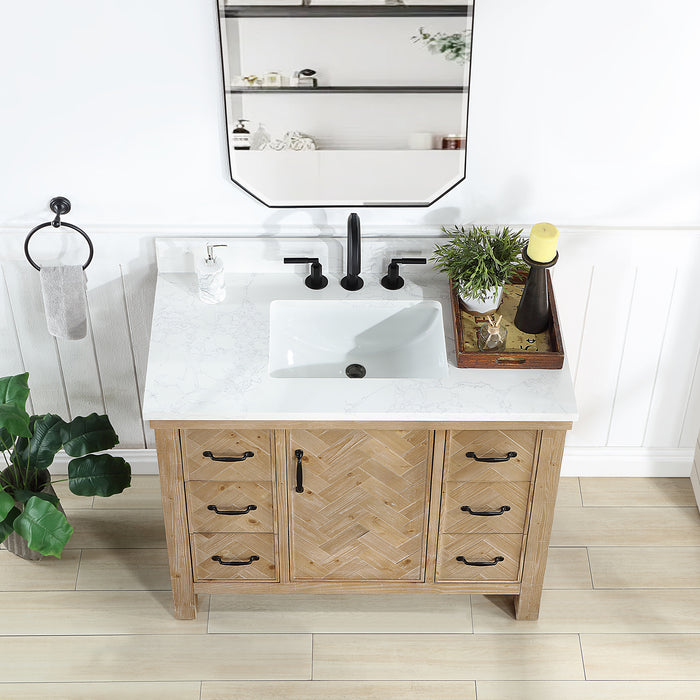 42-Inch Prelude Freestanding Vanity – Antique Brown Wood Single Sink Cabinet with White Stone Top