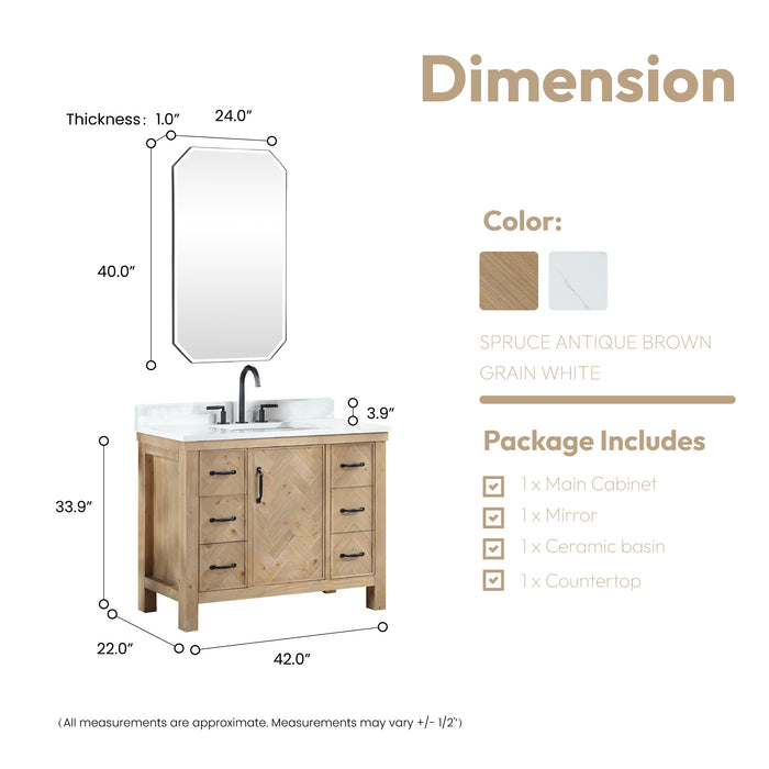 42-Inch Prism Bathroom Vanity – Spruce Wood Vanity with White Stone Top and Included Mirror